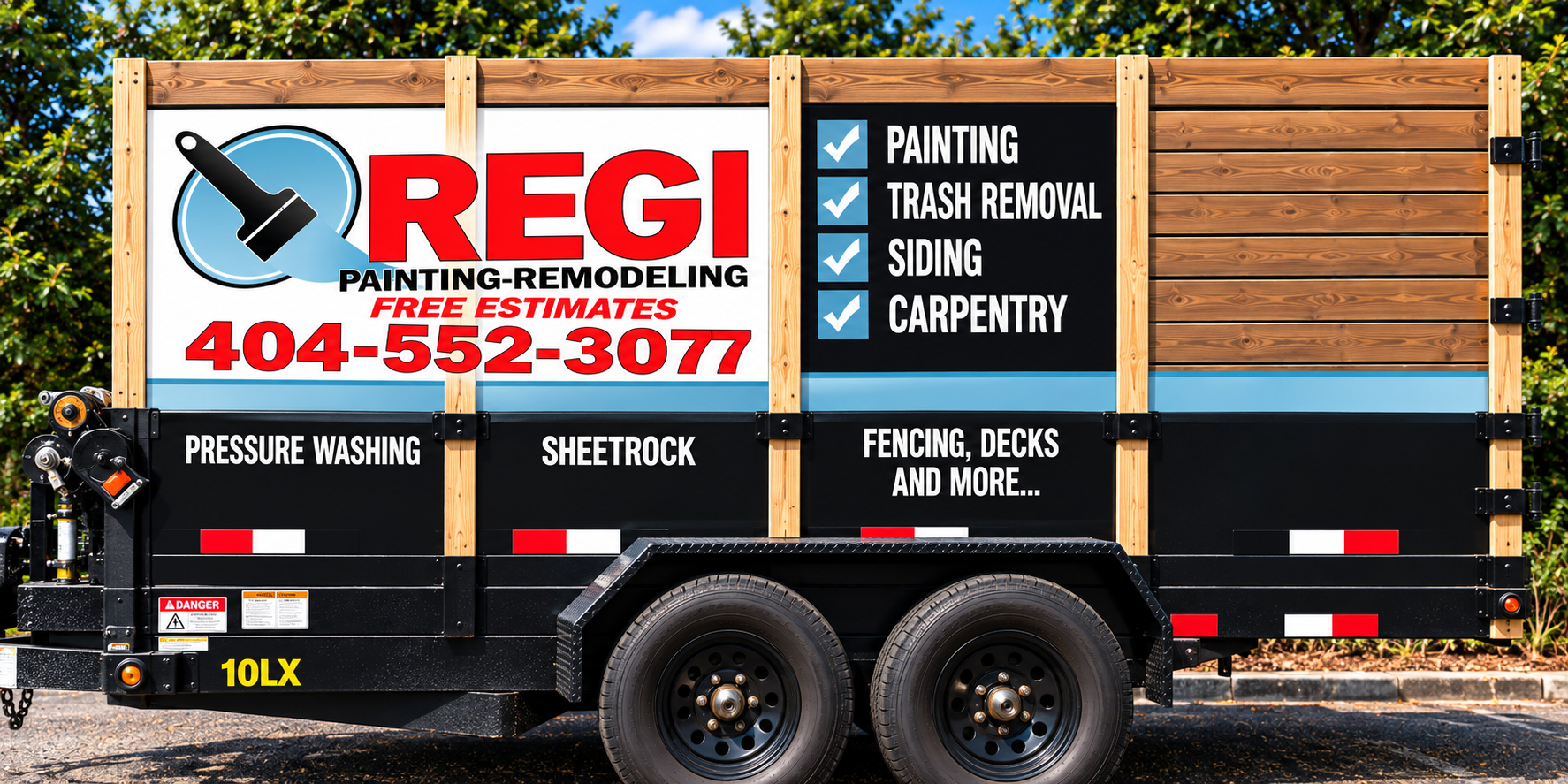 REGI Painting and Remodeling trailer with painting, siding, carpentry and other services. Free estimates: 404-552-3077.